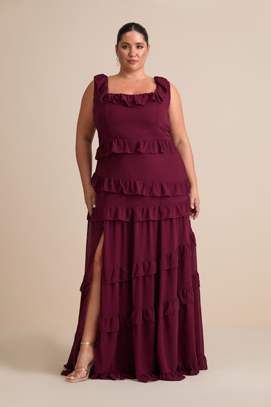 Compelling Romantic Burgundy Ruffled Tiered Maxi Dress