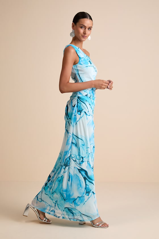 Jojo Light Blue Marbled Ruched One-Shoulder Maxi Dress