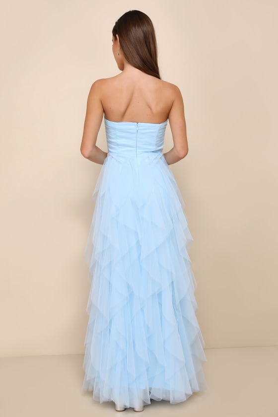 Delightful Beauty Blue Mesh Strapless Ruched Ruffled Maxi Dress