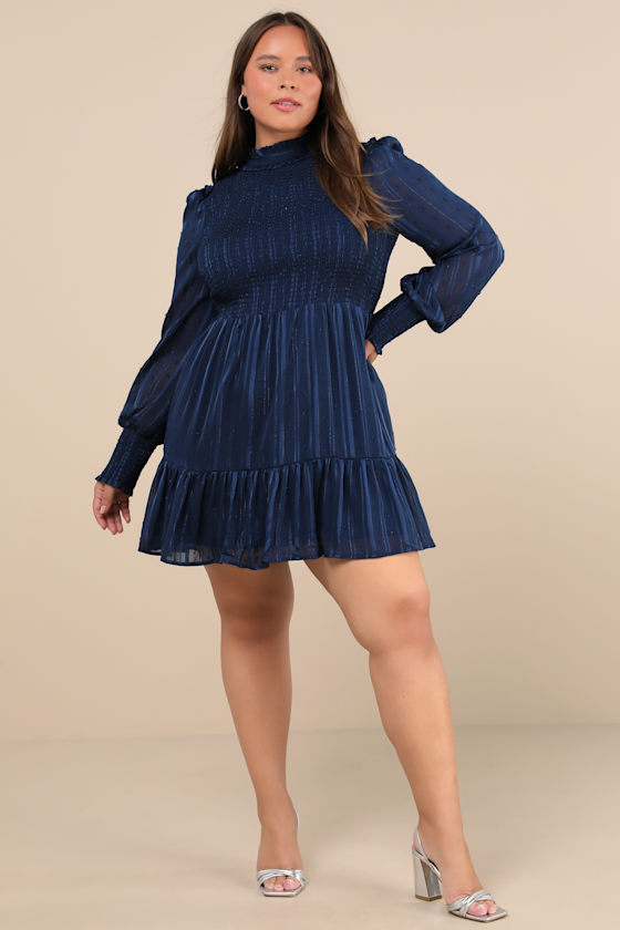 Heartful Romance Navy Striped Smocked Long Sleeve Mini Dress