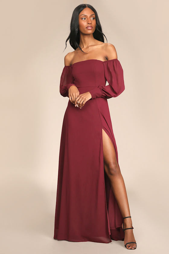 Feel the Romance Burgundy Off-the-Shoulder Maxi Dress