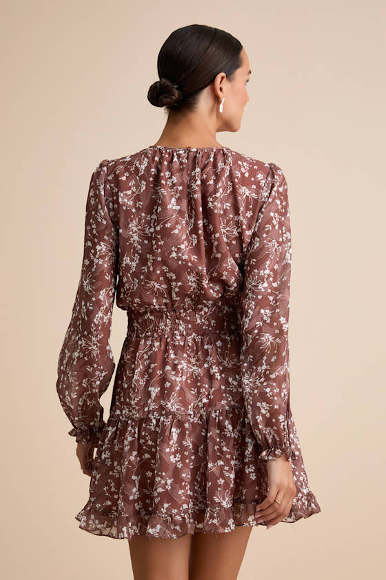 Too Cute Brown Floral Print Smocked Long Sleeve Mini Dress
