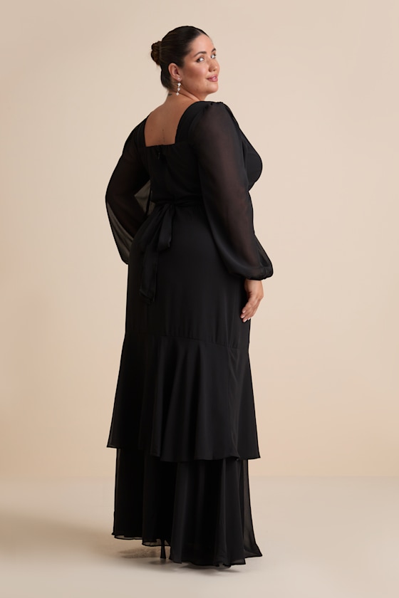 Tier Elegance Black Long Sleeve Tiered Maxi Dress