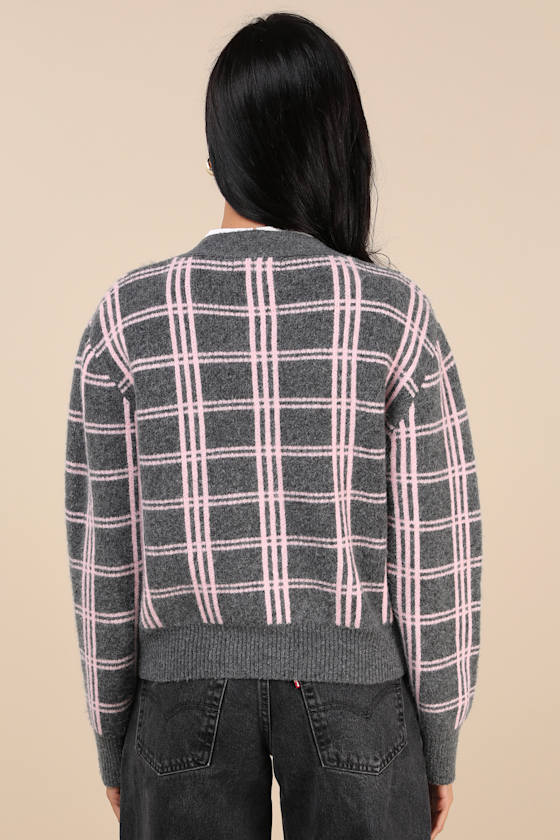 Ideal Crush Charcoal Grey and Pink Plaid Cardigan