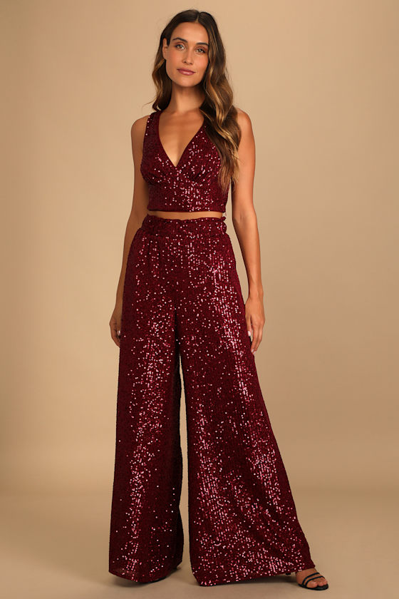 Flawless Sparkle Wine Red Sequin V-Neck Tank Top