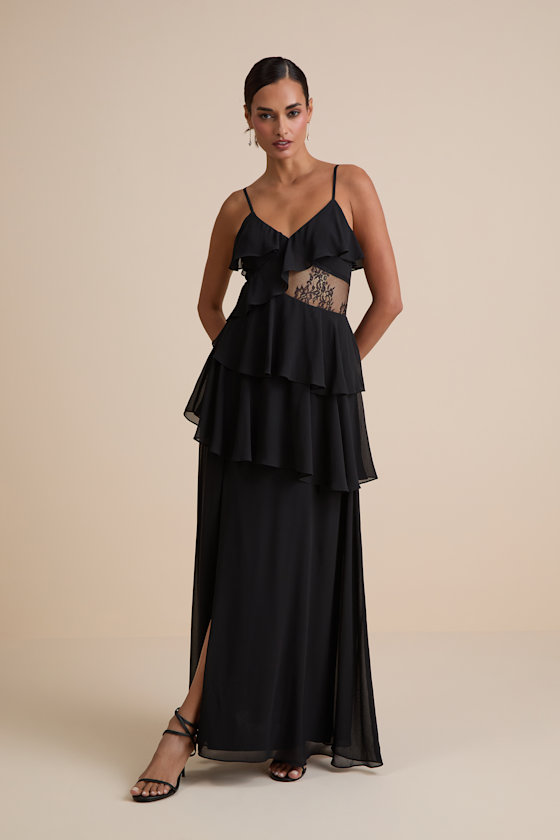 Dalena Black Ruffled Lace Maxi Dress