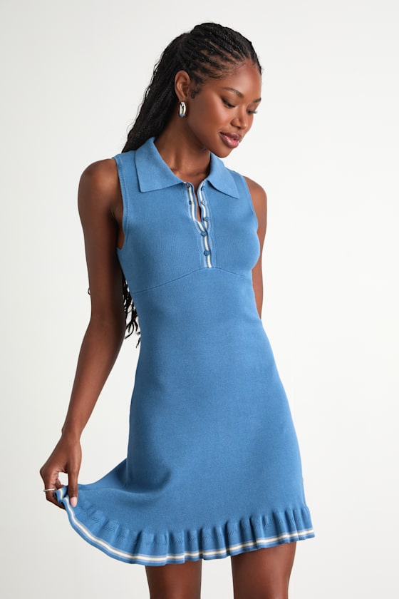 Willette Blue Collared Sleeveless Sweater Mini Dress