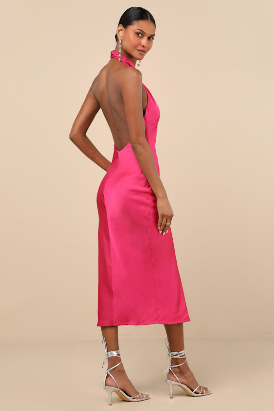 Beyond Classy Hot Pink Satin Halter Midi Dress