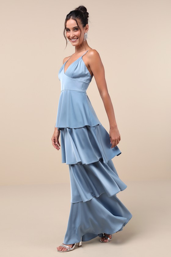 Going with Elegance Slate Blue Satin Tiered Gown