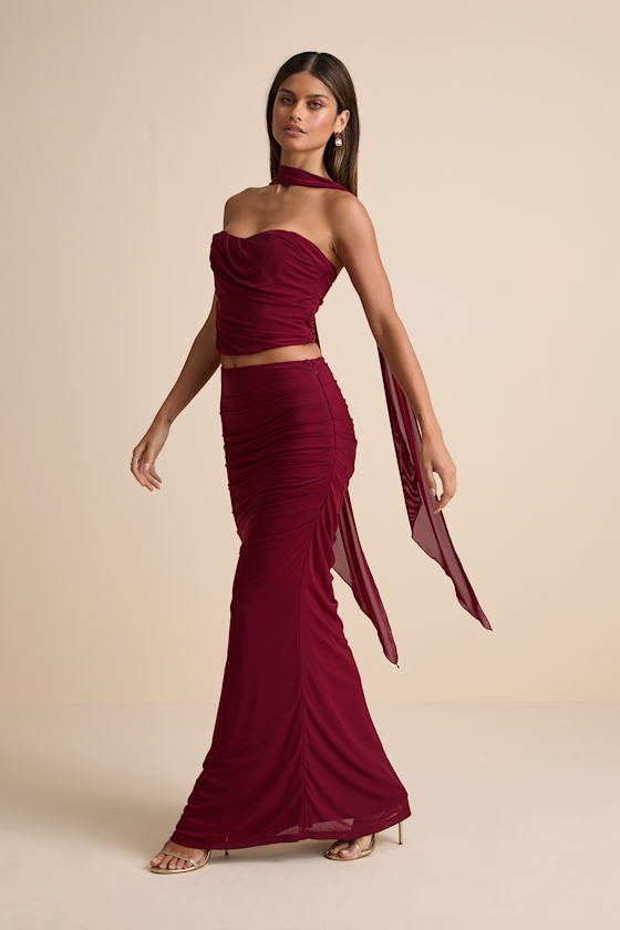Elvena Wine Red Mesh Ruched Strapless Two-Piece Maxi Dress