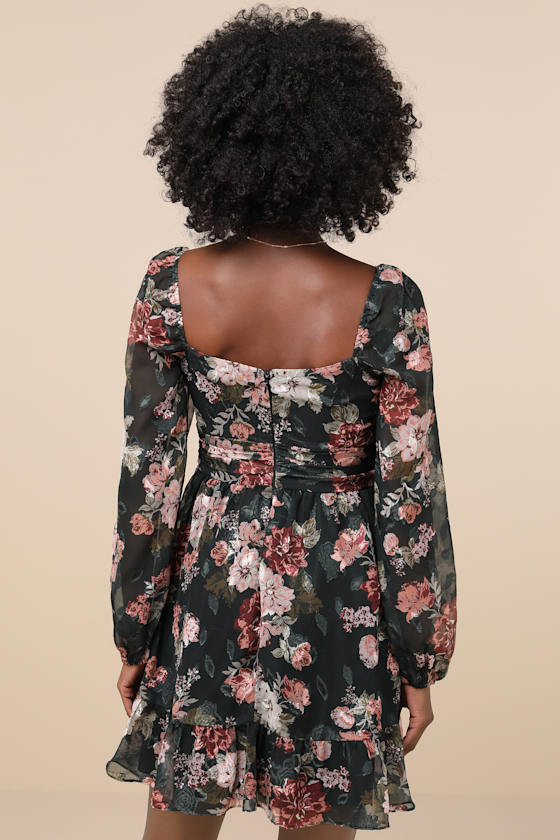 Truly Adorable Green Floral Burnout Balloon Sleeve Mini Dress