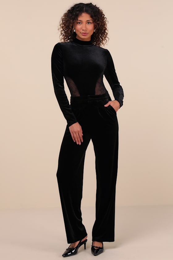 Irreplaceable Appeal Black Velvet Lace Mock Neck Bodysuit