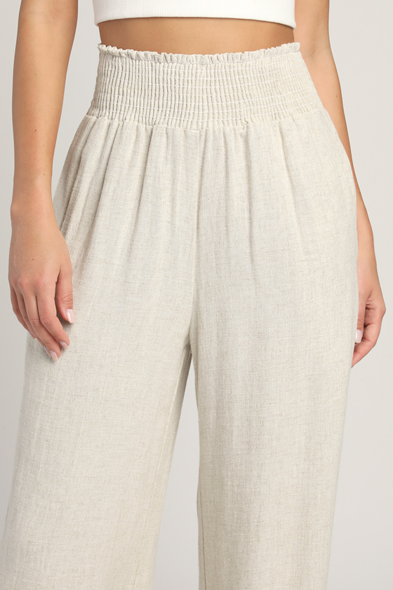 Hit the Breeze Beige Smocked Wide-Leg Pants