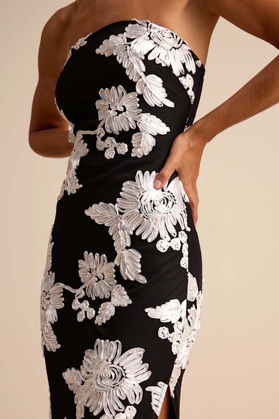 Fitzroy Black Floral Textured Strapless Maxi Dress