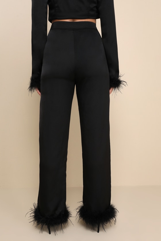 Premium Aura Black Satin High-Rise Wide-Leg Feather Pants