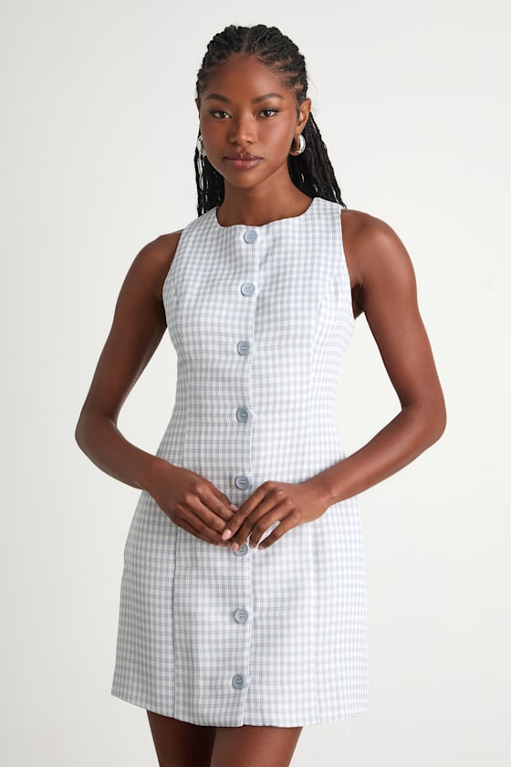 Aloriana Light Blue Gingham Tweed Button-Front Mini Dress