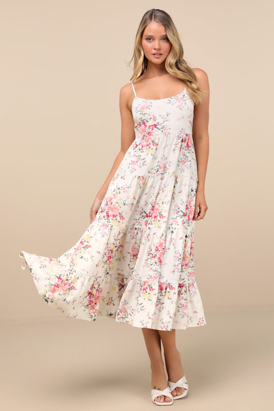 Mykonos Mood Pink and Ivory Floral Tie-Strap Tiered Midi Dress