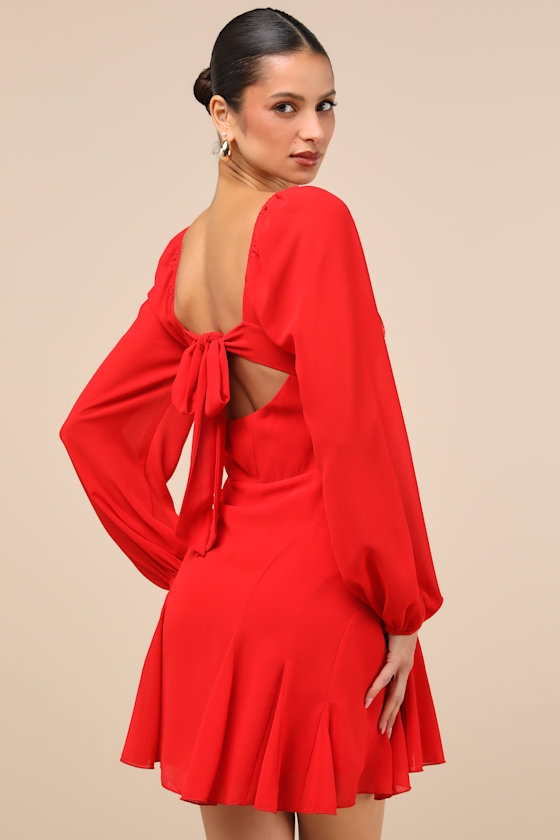 Excellent Presence Red Long Sleeve Tie-Back Mini Dress