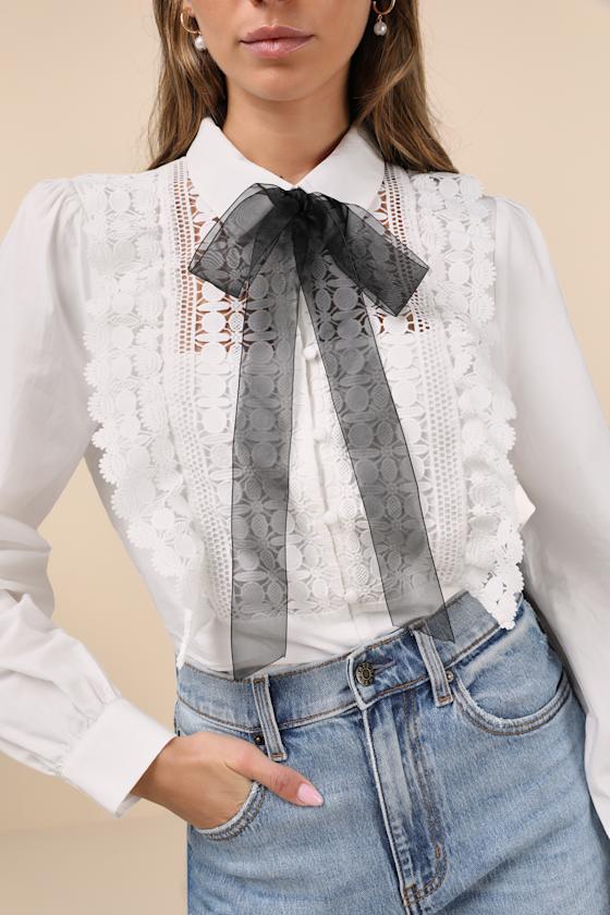 Outstanding Charisma White Crochet Lace Tie-Neck Button-Up Top