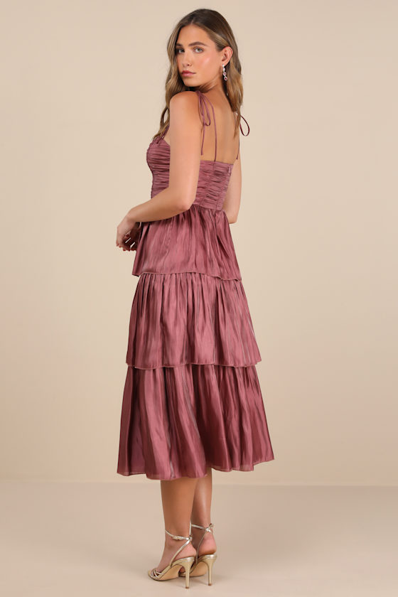 Tennon Dusty Rose Plisse Tiered Midi Dress
