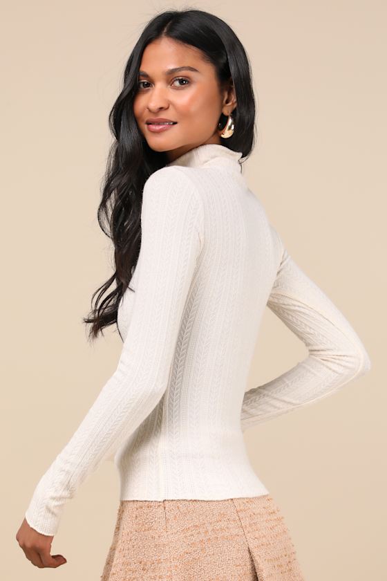 Idyllic Option Ivory Pointelle Knit Mock Neck Sweater Top