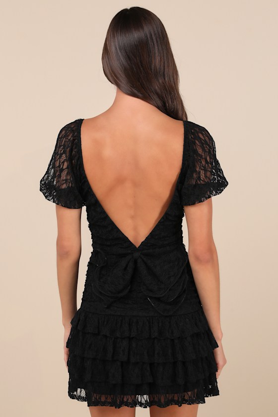 Darling Persuasion Black Lace Puff Sleeve Tiered Mini Dress