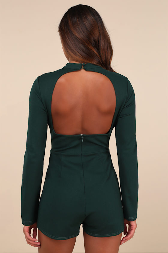 Undeniably Stylish Emerald Backless Long Sleeve Skort Romper