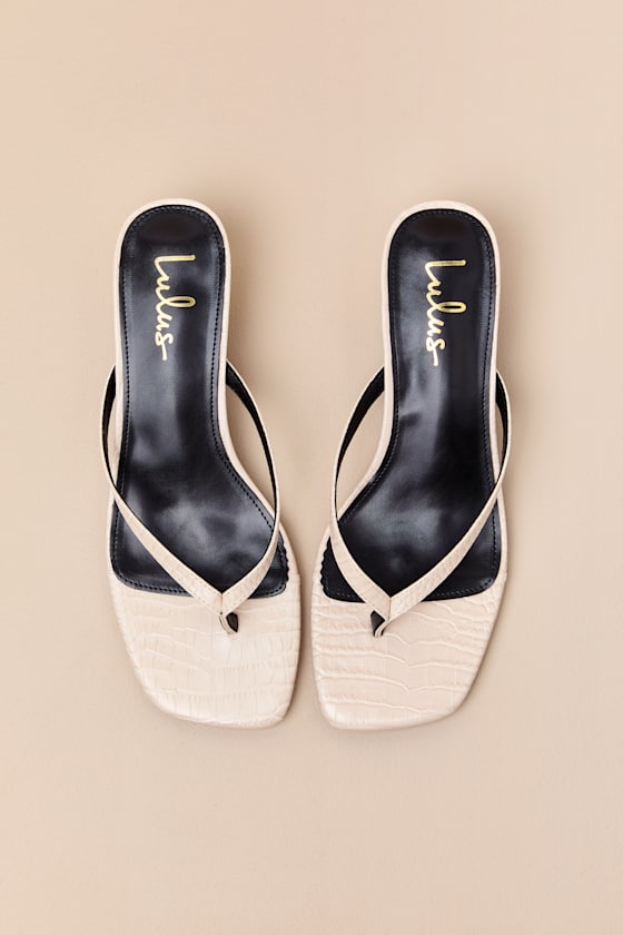 Massima Bone Croc-Embrossed Thong Kitten Heel Sandals