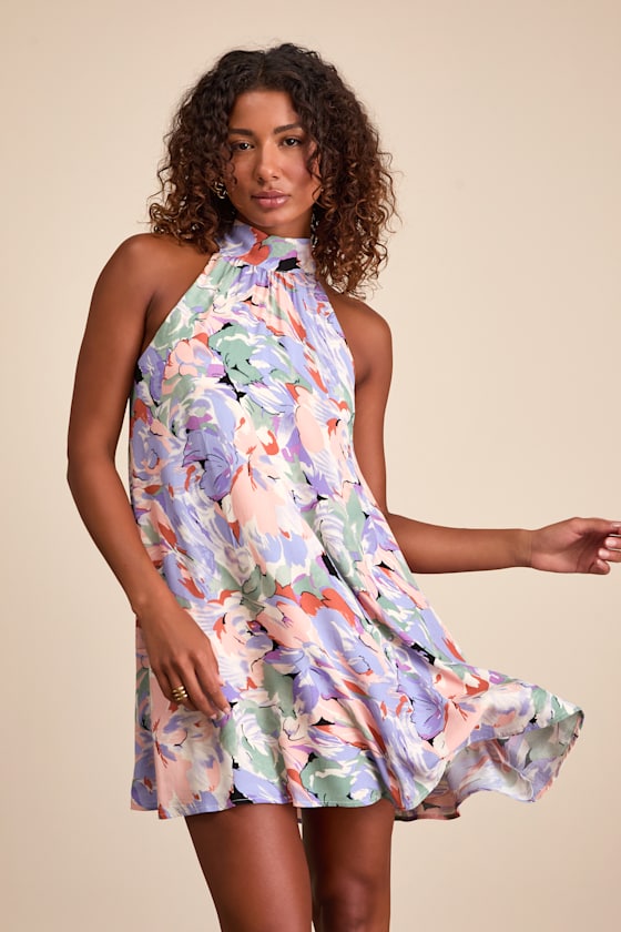 Tied Back To You Lavender Multi Floral Print Mini Shift Dress