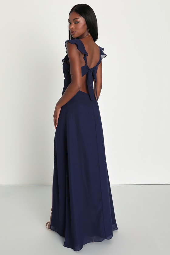 Sweetest Entrance Navy Blue Ruffled Tie-Back Maxi Dress