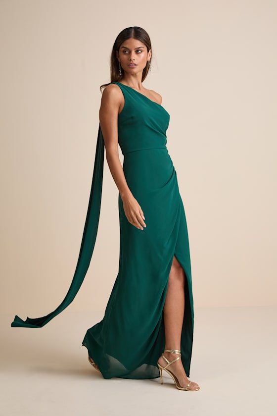 Adeline Emerald One-Shoulder Scarf Maxi Dress