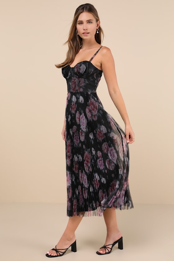 Alluring Invite Black Floral Pleated Bustier Midi Dress