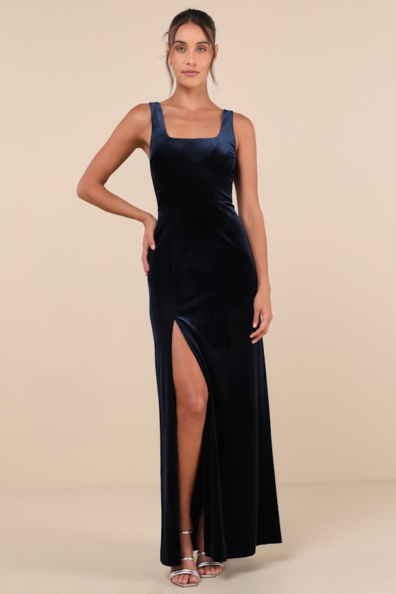 Elegant Sweetie Dark Navy Velvet Square Neck Maxi Dress