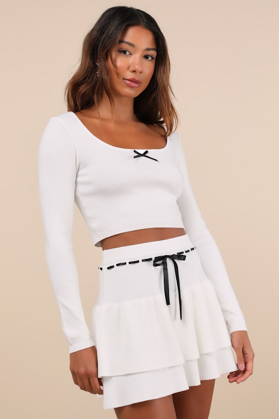 Ever So Charmed Ivory Bow Tiered Two-Piece Mini Sweater Dress