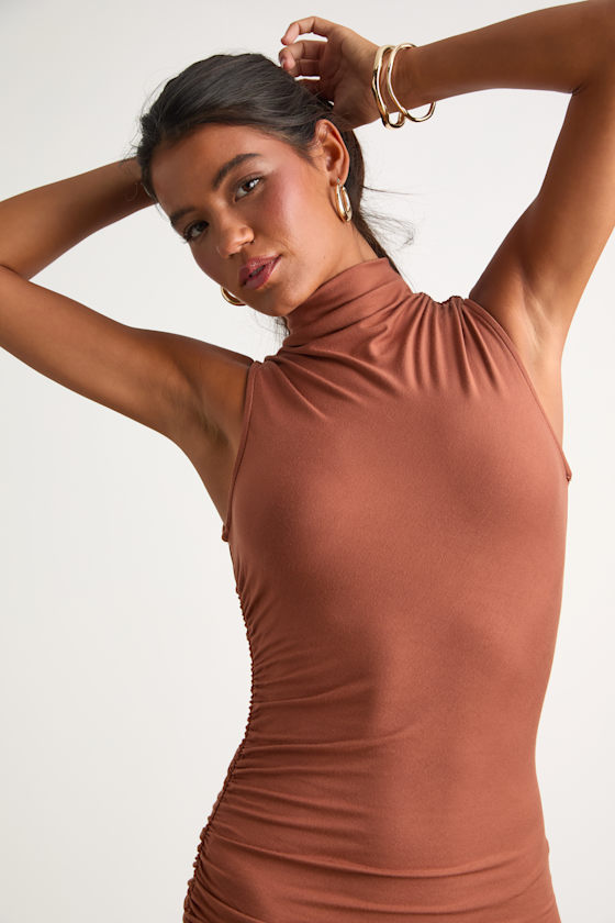 Elevated Presence Brown Sleeveless Ruched Funnel Neck Midi Dress
