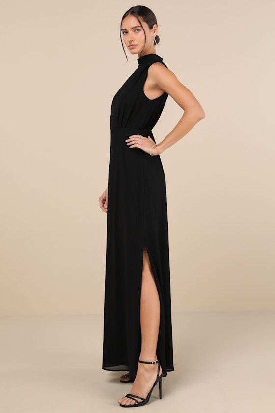 Classic Elegance Black Chiffon Sleeveless Mock Neck Maxi Dress