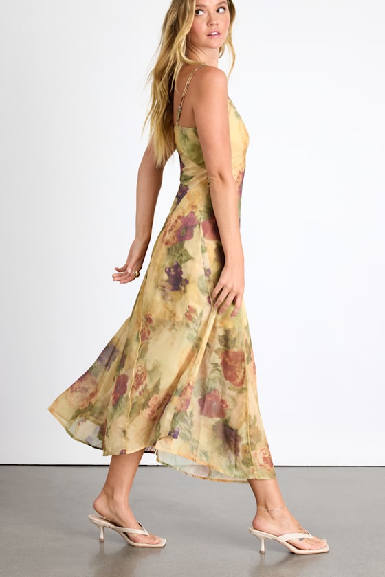 Euroa Yellow Abstract Floral Seamed Sleeveless Midi Dress
