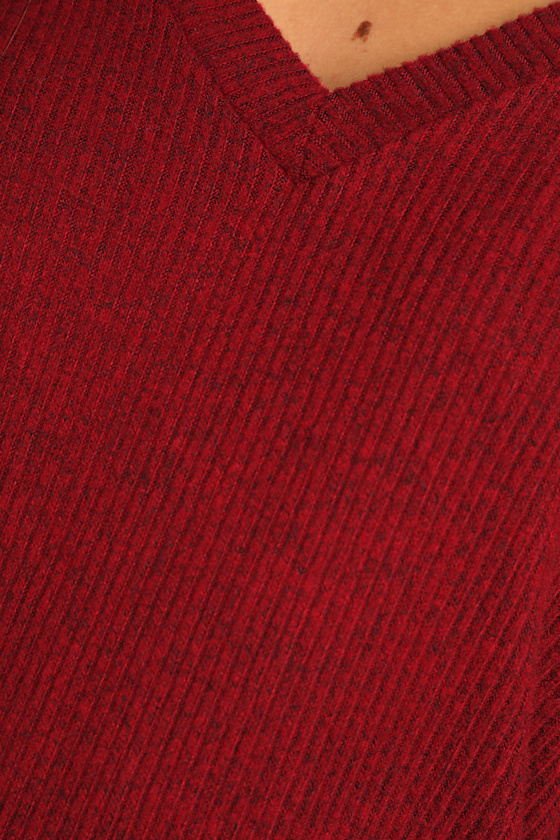 Just Vibing Wine Red Ribbed V-Neck Sweater Top