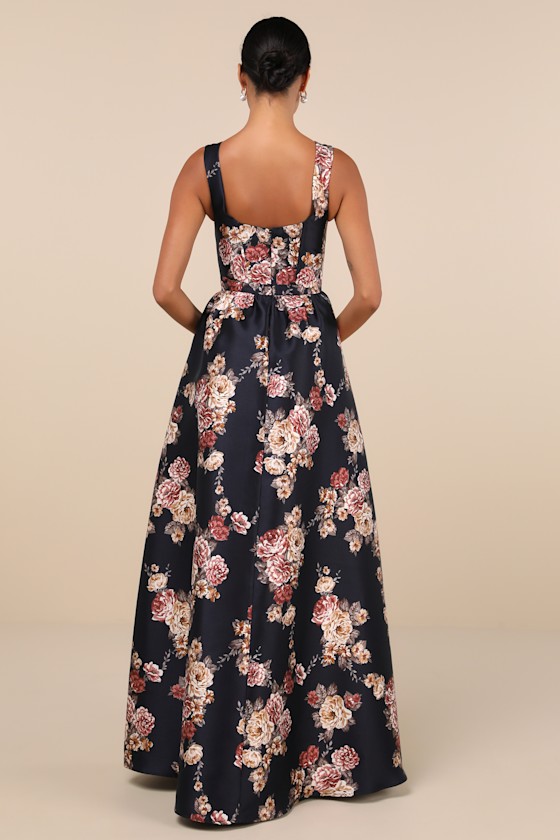 Elegant Pick Navy Blue Floral Sleeveless Bustier Maxi Dress