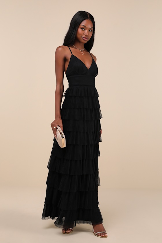 Radiant Event Black Mesh Tiered Pleated Backless Maxi Dress