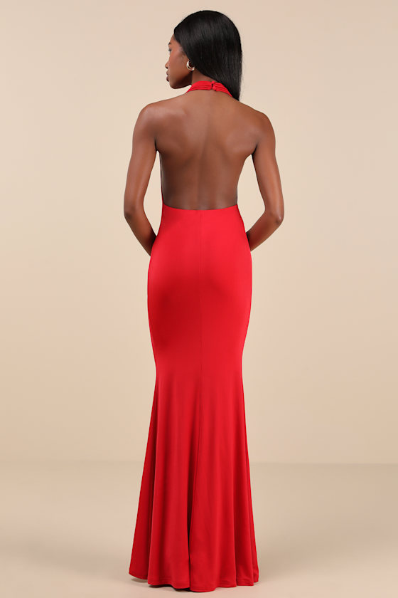 Eye-Catching Silhouette Red Cowl Neck Halter Maxi Dress
