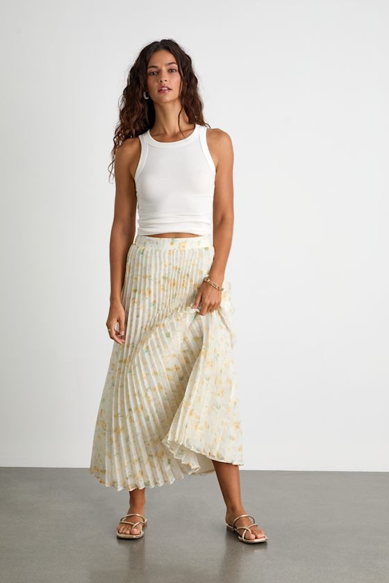 Olyana Ivory and Yellow Floral Pleated Midi Skirt