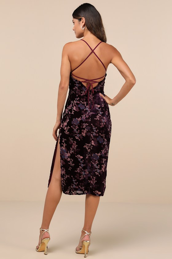 Elegant Persuasion Dark Plum Burnout Velvet Lace-Up Midi Dress