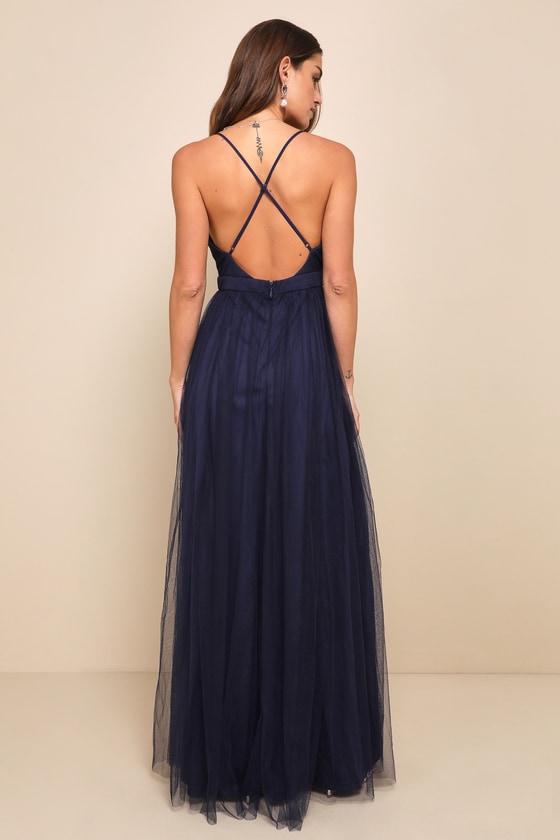Rare Beauty Navy Blue Tulle Backless Maxi Dress