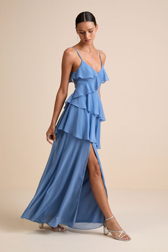 Dalena Dusty Blue Ruffled Lace Maxi Dress