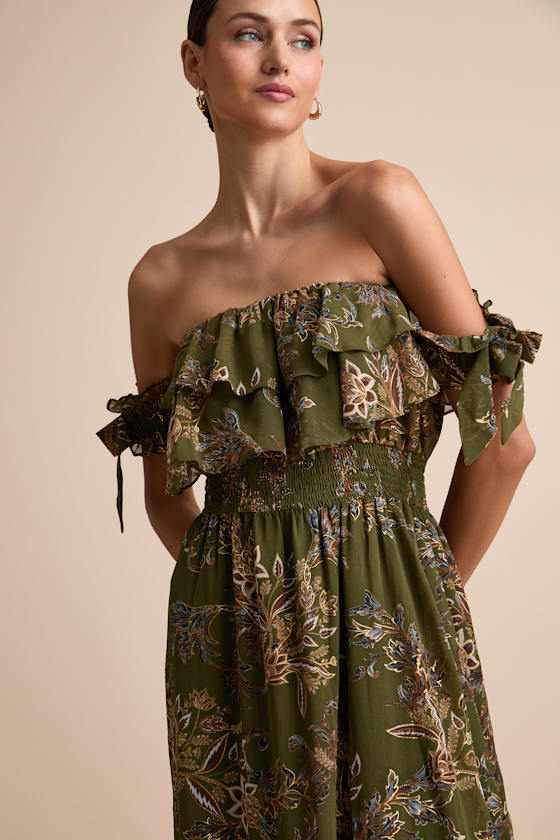Love and Blooms Olive Green Floral Print Off-the-Shoulder Dress