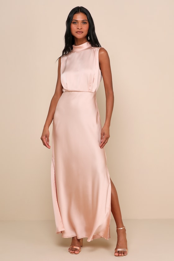 Classic Elegance Blush Satin Sleeveless Mock Neck Maxi Dress