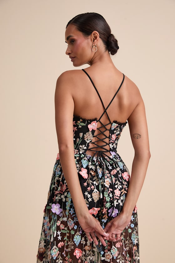 Mahryn Black 3D Floral Embroidered Midi Bodysuit Dress