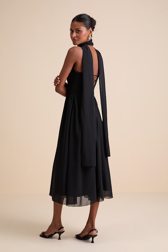 Irresistibly Darling Black Chiffon Midi Dress and Scarf Set