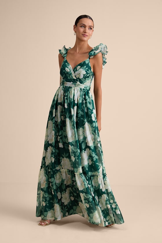 Soiree Perfection Green Floral Ruffled Tiered Maxi Dress